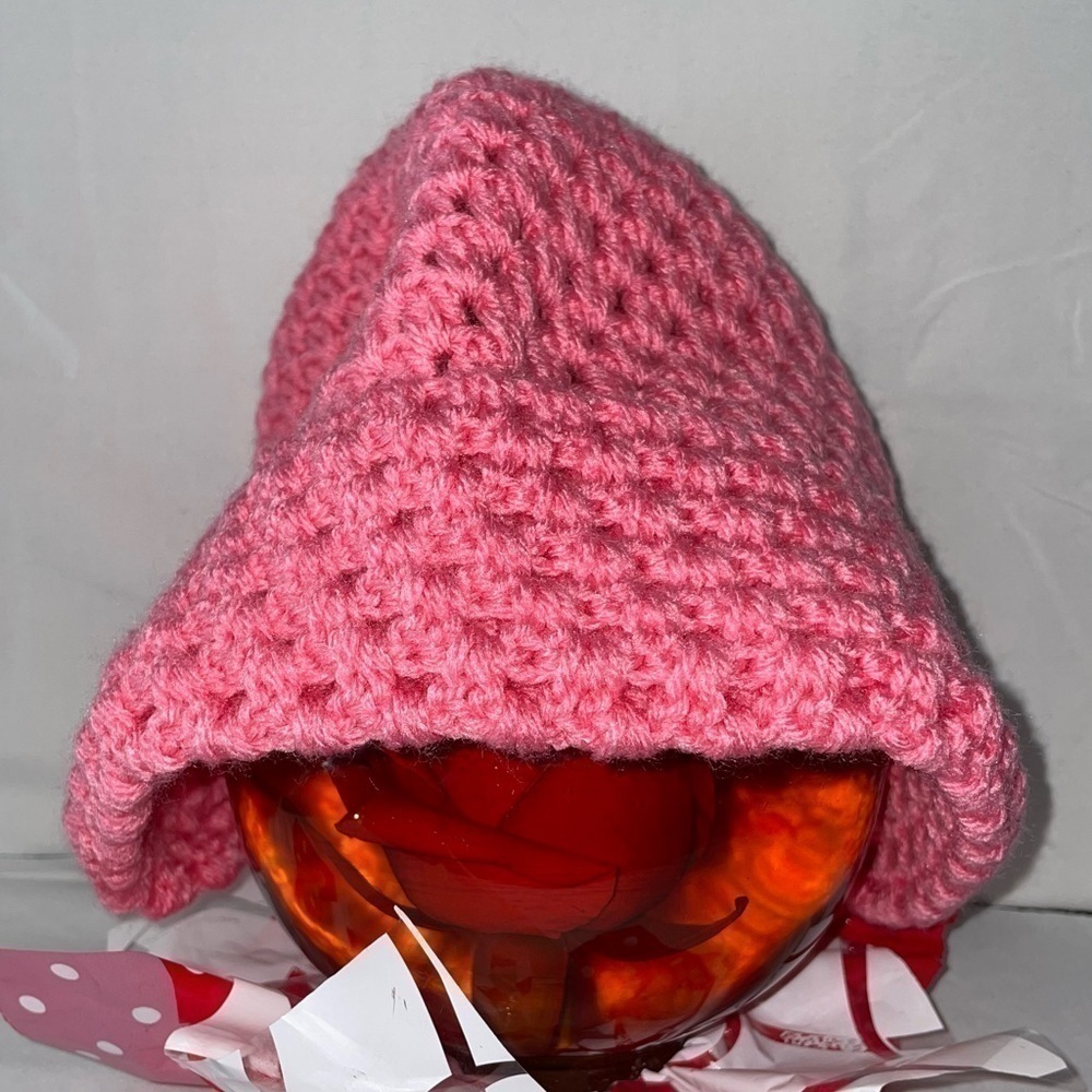 Beanie Crochet Yarn Handmade Knit Skull Cap Textured Fold Over Hat Pink